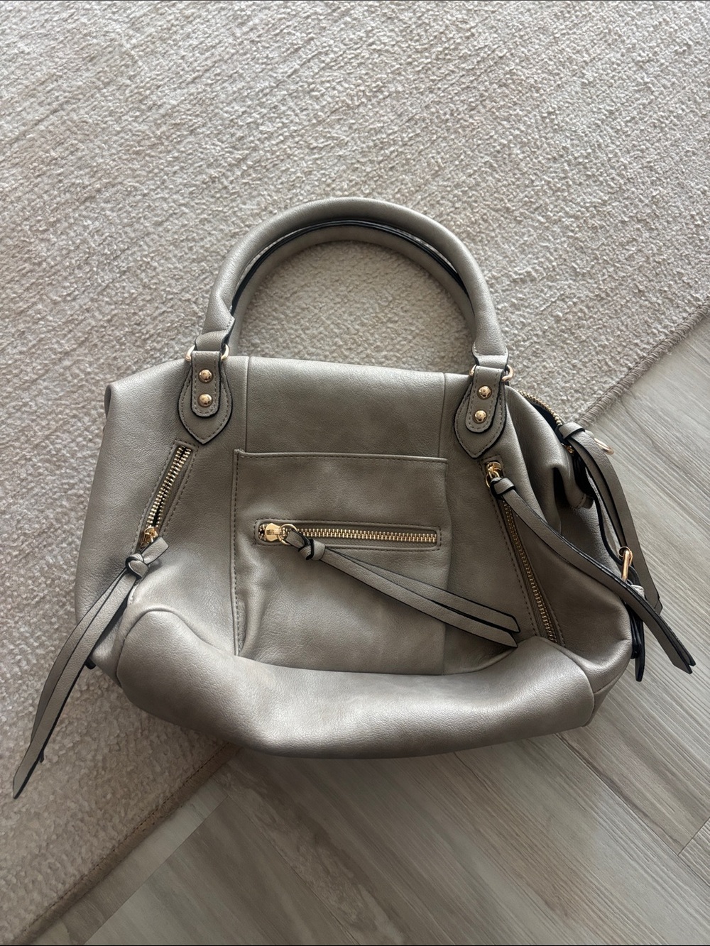 Elegant Taupe Leather Satchel with Gold Accents